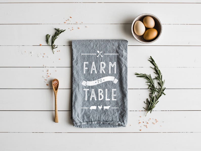 Farm to Table Tea Towel Modern Farmhouse Kitchen Decor Unique Gardening Farmer Gift Gray and White Linen Towel Design FREE SHIPPING image 1