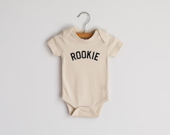 Rookie Organic Baby Bodysuit • Modern Organic Baby Outfit • Unique Luxe Hand-Printed Bodysuit in Cream • Sporty Rookie Baby Outfit