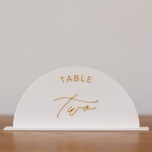 Modern Half Circle Table Numbers • Gold and White Acrylic Table Numbers • Wedding Decor and Signage • Elegant Gold Event & Reception Decor