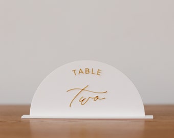 Modern Half Circle Table Numbers • Gold and White Acrylic Table Numbers • Wedding Decor and Signage • Elegant Gold Event & Reception Decor