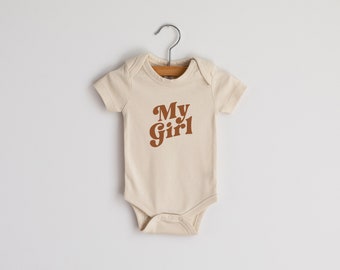 My Girl Organic Baby Bodysuit • Girl's Modern Baby Outfit • Unique Boho Hand-Printed Bodysuit in Cream & Camel for Little Girls