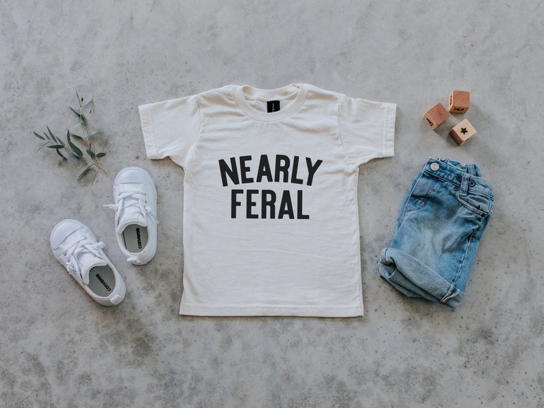 Nearly Feral Baby and Kids Tee Funny Organic Cotton Graphic Tee for Wild Little Ones Feral Kids T-Shirt in Natural FREE SHIPPING image 2