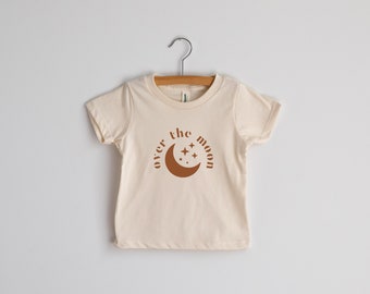 Over The Moon Baby T-Shirt • Modern Moon Graphic Tee • Natural Organic Cotton Cream Tee for Little Ones • USA Made • Celestial Boho Design