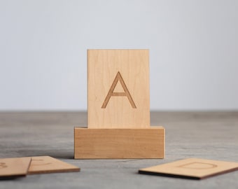 Wooden Alphabet Flash Cards • Set of Uppercase Letters on Sturdy Wood Cards • Modern Montessori Letters & Stand • Kindergarten Homeschool