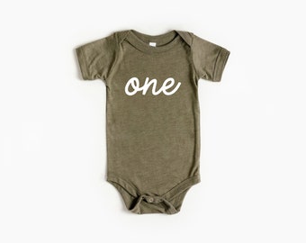 One Script First Birthday Outfit • Modern Typography Baby Bodysuit • Olive Green Birthday Bodysuit for Trendy Tots Turning One