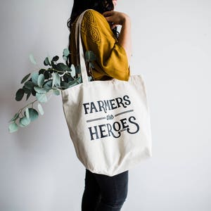 Farmers Are Heroes Tote Bag Design Farmers Market Cotton Canvas Tote Bag Hand Printed Vintage Typographic Tote FREE SHIPPING image 3