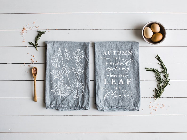 Autumn Themed Tea Towels Matching Set of 2 Gray and White Modern Fall Decor Modern Farmhouse Autumn Kitchen Decor FREE SHIPPING image 1