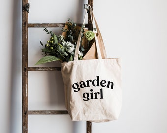 Garden Girl Tote Bag • Modern Typographic Cotton Canvas Tote Bag • Farmers Market and Reusable Grocery Sack • Gardener Gift • FREE SHIPPING