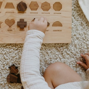 Wooden Shapes Board with Matching Shape Pieces Modern Large Montessori Puzzle & Stand Geometry Learning Board and Shapes Wooden Toy image 8