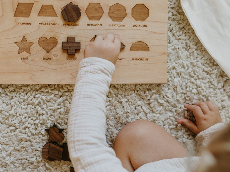 Wooden Shapes Board with Matching Shape Pieces Modern Large Montessori Puzzle & Stand Geometry Learning Board and Shapes Wooden Toy image 8