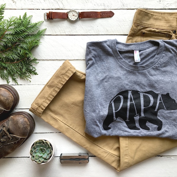 Papa Bear T-shirt • Unique Gift for Fathers • Hand-lettered Typographic Bear Design • Super Soft Gray Tee • Gift for Dads • FREE SHIPPING