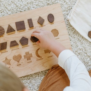 Wooden Shapes Board with Matching Shape Pieces Modern Large Montessori Puzzle & Stand Geometry Learning Board and Shapes Wooden Toy image 2