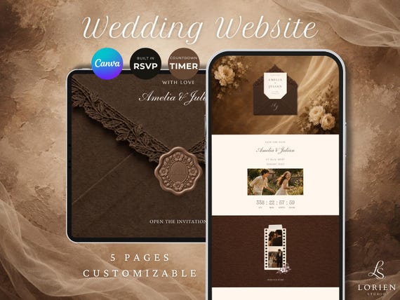 Chocolate Brown Canva Wedding Website Template with RSVP & Countdown | Digital Invitation