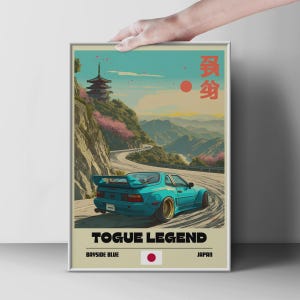Touge Legend JDM Car Wall Art, Bayside Blue Japan Mountain Pass Drift Poster
