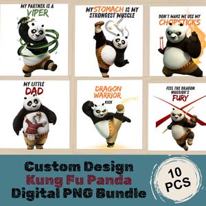 Könnte beinhalten: Ein digitales Set aus 10 Kung Fu Panda Charakterillustrationen mit verschiedenen Posen und humorvollen Texten wie My Partner Is A Viper, My Stomach Is My Strongest Muscle, Don't Make Me Use My Chopsticks und Stay Out Of My Way.