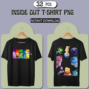 May include: A digital collection of 32 Inside Out T-shirt PNG files featuring various character graphics. The display shows two black t-shirts on hangers, one with a horizontal row of characters and the other with a scattered arrangement of characters.