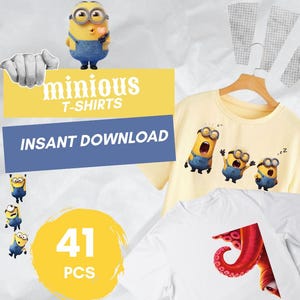 Pode incluir: Uma coleção de designs gráficos digitais com personagens Minion amarelos. A imagem mostra uma camiseta amarela clara com três Minions e uma camiseta branca com um gráfico de tentáculo de polvo vermelho. O texto inclui "minious T-SHIRTS", "INSANT DOWNLOAD" e "41 PCS".