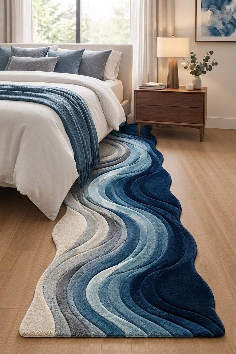 Blue Wave Runner Rug, Hand Tufted Wool Runner, Abstract Ocean Rug ...