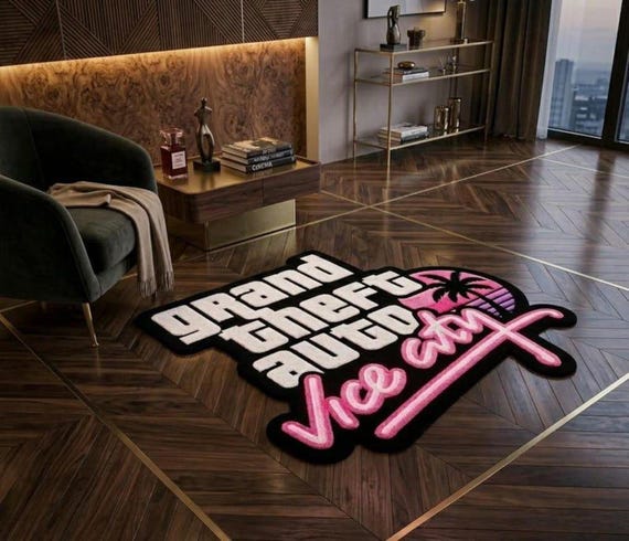 Grand Theft Auto Vice City Tufted Rug Handmade Retro Gaming Room Decor Vice City Logo Rug – Handmade Gaming Decor for Custom Gaming Rug