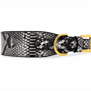 Collar para perro de auténtica piel de pitón, accesorio de lujo hecho a mano para mascotas, herrajes dorados.
