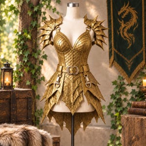 May include: A gold-coloured bodice and skirt set featuring a textured scale pattern, spiked shoulder armour, and a buckled belt at the waist. The garment has a layered, pointed hemline and metallic hardware accents, displayed on a mannequin torso.