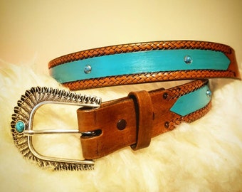 34 inch torqouis Dress belt Women leather belt handmaid and hand-tanned italian leather
