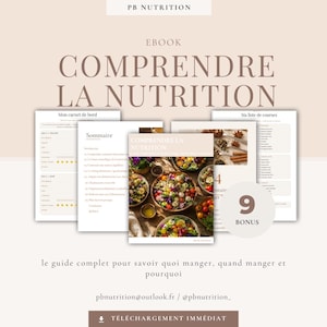 Op de afbeelding: Een digitaal e-book getiteld COMPRENDRE LA NUTRITION van PB NUTRITION, met meerdere pagina's waaronder een logboek, inhoudsopgave en boodschappenlijst. De cover toont een kleurrijke saladekom en een cirkelvormige badge vermeldt 9 BONUS.