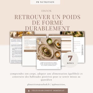 Op de afbeelding: Een digitaal e-boek getiteld RETROUVER UN POIDS DE FORME DURABLEMENT van PB NUTRITION. De cover toont een bord met avocado-toast en een matcha latte. Het document bevat zeven bonussecties, voedingsgidsen en dagelijkse tabellen voor bijhouding.