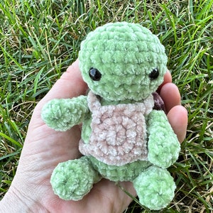 May include: A small green crocheted turtle with a pink crocheted shell. The turtle has black eyes and a friendly expression.