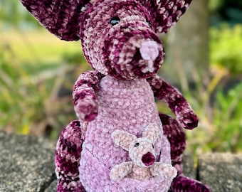 Crocheted Kangaroo with Joey: Velvet Amigurumi Plush Toy