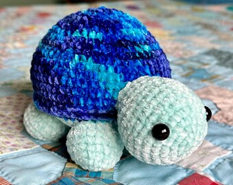 Crocheted Blue Velvet Turtle Plush: Handmade Amigurumi Toy
