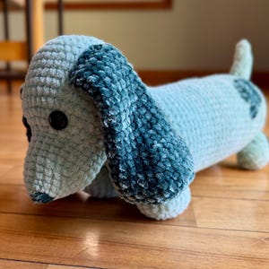 Teal plush wiener dog with lucky clover patch - amigurumi crochet sausage dog dachshund stuffed animal