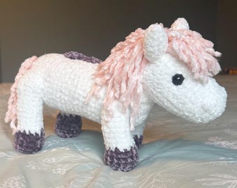 Crocheted Pony Plush Toy – White, pink and Purple Velvet Amigurumi Cuddly Horse