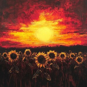 May include: An oil painting depicting a field of sunflowers under a vibrant sunset. The sky features deep red and orange hues with a bright yellow sun. The sunflowers have dark centers and yellow petals, set against a dark, textured foreground.