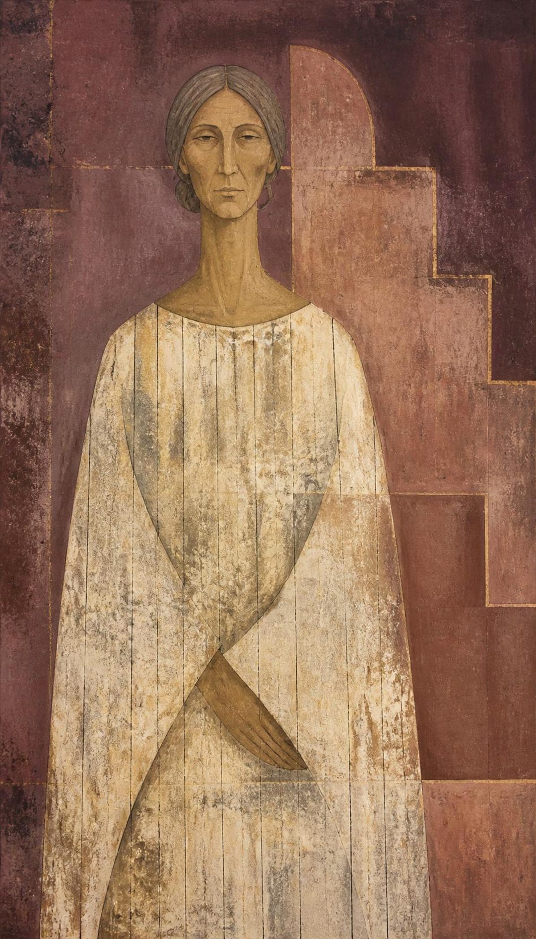 Abstracted Figure Abstract Woman Wall Art, Elongated Figure in a Cream Robe, Earth Tone ...
