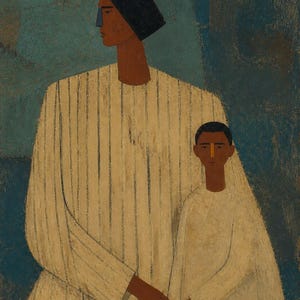 May include: An oil painting depicting two figures with dark skin tones against a textured blue background. The taller figure wears a white long-sleeved garment with thin vertical stripes, while the shorter figure wears a plain white long-sleeved garment.