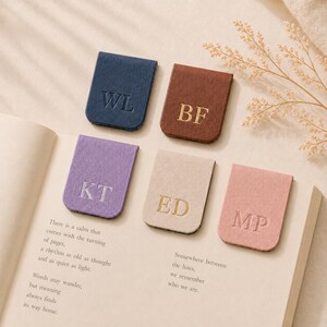 Può includere: Cinque segnalibri magnetici rettangolari nei colori blu navy, marrone, lavanda, beige e rosa polvere. Ogni segnalibro presenta due lettere maiuscole in rilievo: WL, BF, KT, ED e MP. I segnalibri sono disposti su un libro aperto con testo.
