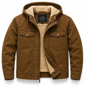 May include: A brown canvas jacket with a beige sherpa fleece lining and a hood. The jacket features a front zip, snap button fastenings, two chest pockets with flaps, and two side pockets. A black label inside reads Famous Gear PK.