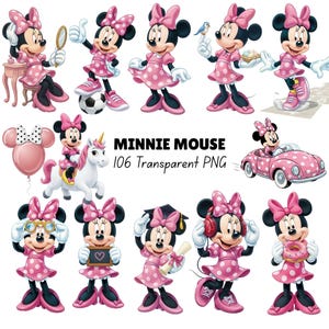 May include: A collection of Minnie Mouse digital illustrations featuring the character in a pink polka dot dress and bow, engaging in various activities like driving a car, riding a unicorn, and holding items, with the text Minnie Mouse 106 Transparent PNG.
