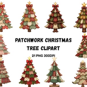 Paquete de imágenes prediseñadas de árboles de Navidad estilo patchwork / 21 diseños PNG / Árboles estilo tela acolchada / Descarga instantánea para sublimación