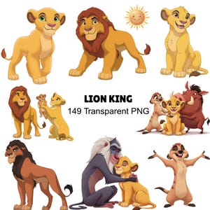 May include: A collection of digital illustrations featuring characters from The Lion King, including lions, a meerkat, a warthog, and a mandrill. The text LION KING 149 Transparent PNG is centered among the various colorful cartoon animal figures.