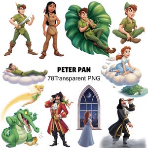 May include: A collection of digital illustrations featuring Peter Pan characters including Peter Pan, Wendy, Captain Hook, Tinker Bell, and a crocodile. The text reads PETER PAN 78Transparent PNG. These colorful cartoon graphics depict various scenes.