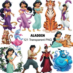 May include: A collection of digital illustrations featuring characters from Aladdin, including Jasmine in various outfits, Aladdin, the Genie, Jafar, Rajah the tiger, and Abu the monkey. The text ALADDIN 121 Transparent PNG is centered.