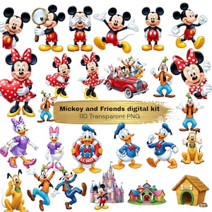 May include: A digital collection of Mickey and Friends characters including Mickey Mouse, Minnie Mouse, Donald Duck, Daisy Duck, Goofy, and Pluto in various poses, along with a red car, a castle, and a doghouse, labeled Mickey and Friends digital kit.