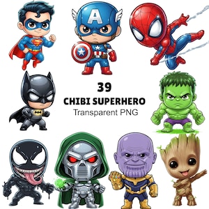 May include: A collection of 39 chibi superhero illustrations featuring characters like Superman, Captain America, Spider-Man, Batman, Hulk, Venom, Doctor Doom, Thanos, and Groot. The text 39 CHIBI SUPERHERO Transparent PNG is centred.
