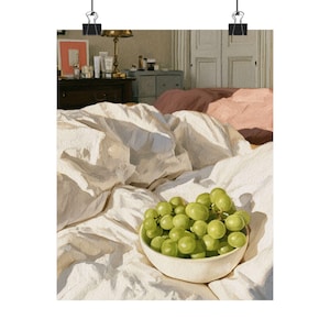 Green Grapes Still Life Print, Feminine Bedroom Wall Art, Moody Bedding Poster