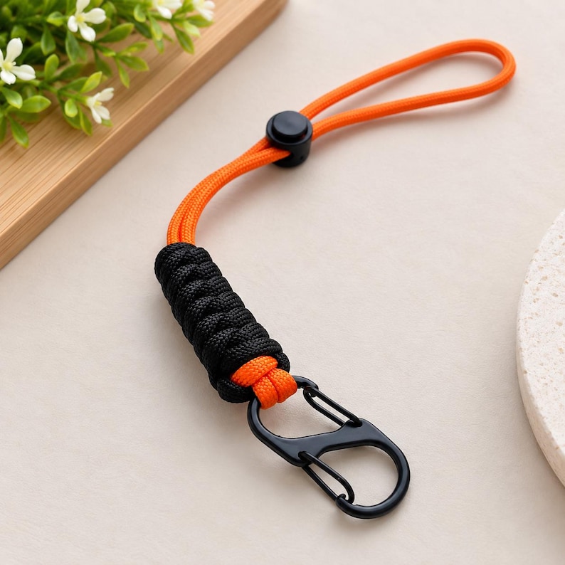 Puede incluir: Un cord&oacute;n de color naranja brillante con un cierre deslizante de pl&aacute;stico negro, una secci&oacute;n de cuerda negra tejida en un patr&oacute;n de trenza gruesa y un mosquet&oacute;n de metal negro sujeto al extremo de la parte trenzada del cord&oacute;n.