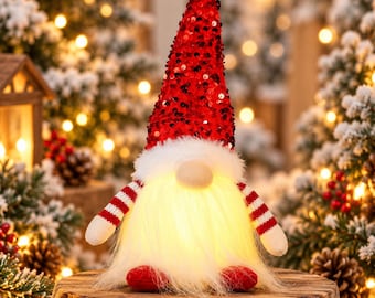 May include: A gnome figurine featuring a tall, pointed red hat covered in shimmering sequins, a long white faux fur beard, and arms with red and white striped sleeves. The gnome emits a warm, internal yellow glow from its body.