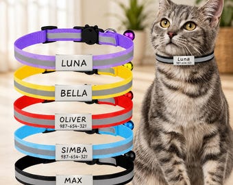 May include: A collection of five nylon cat collars in purple, yellow, red, blue, and black, each featuring a reflective strip, a black plastic buckle, a small bell, and a rectangular metal ID tag engraved with names like Luna, Bella, Oliver, Simba, and Max.