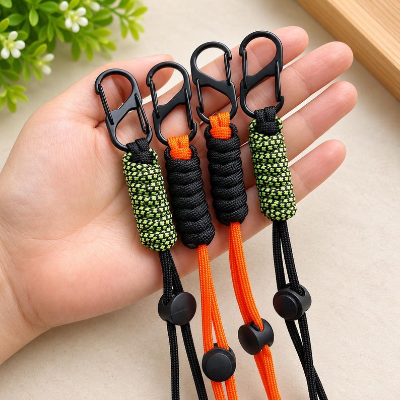 Puede incluir: Cuatro cordones con mosquetones negros unidos a secciones de paracord trenzado. Dos cordones tienen un patr&oacute;n de color verde ne&oacute;n y negro, mientras que dos son de color negro y naranja s&oacute;lido. Cada uno incluye cierres de pl&aacute;stico negro.